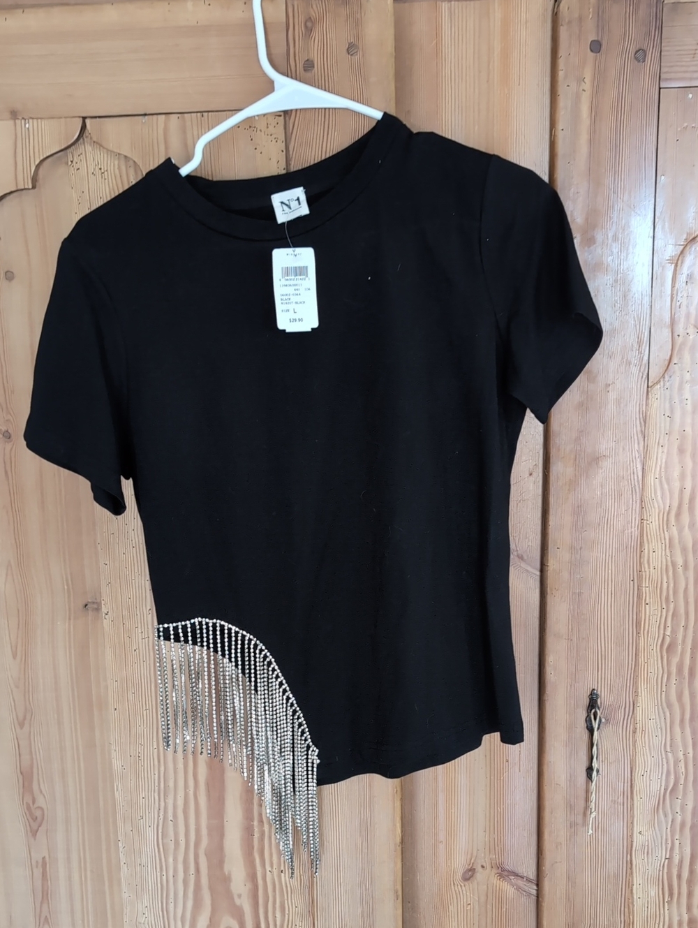 Black Short Sleeve Top with Silver Fringe